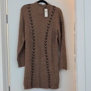 Ribbed Knit Sweater Dress with Contrast Stitching - Brown